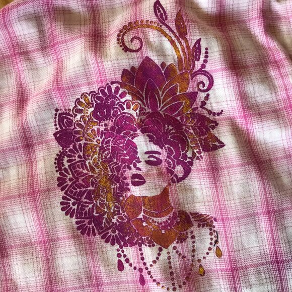 Bleached Flannel Shirt, Size Small Petite: Upcycled Painted Fancy Lady, Lace Hem - Picture 5 of 11